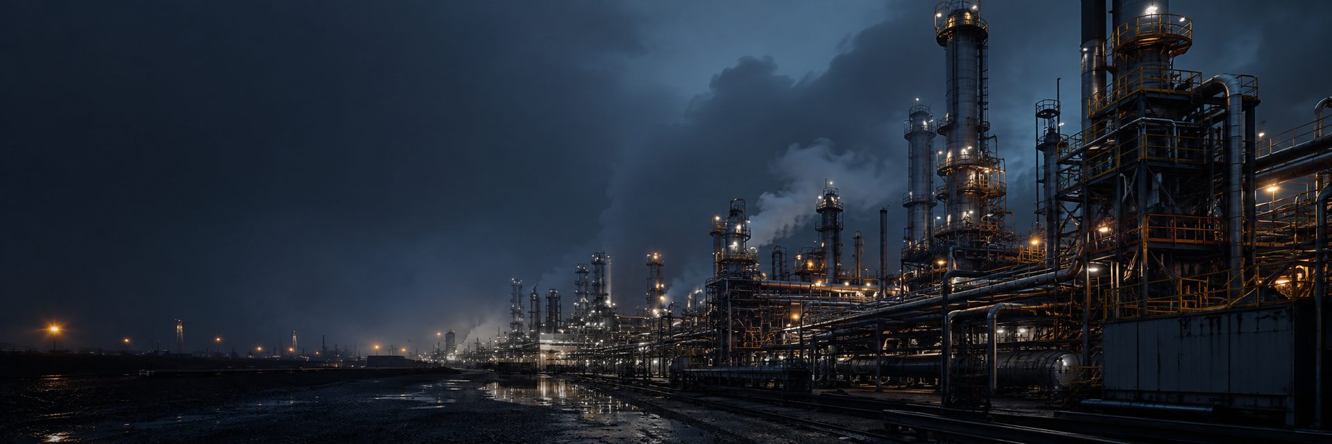 Industrial refinery skyline lit up at dusk