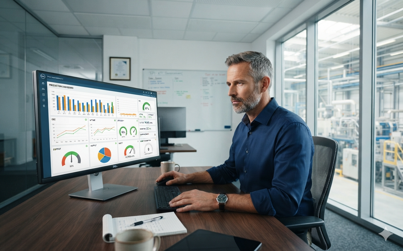Plant manager reviewing KPIs on a computer screen