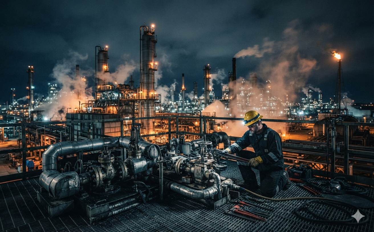 Mechanic in full PPE working at a refinery at night